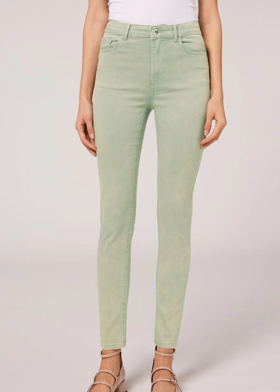 Calzedonia High-Waist Skinny Jeans - Soft Touch Push-Up Denim in Sage Green (855C Verde Salvia Delave')