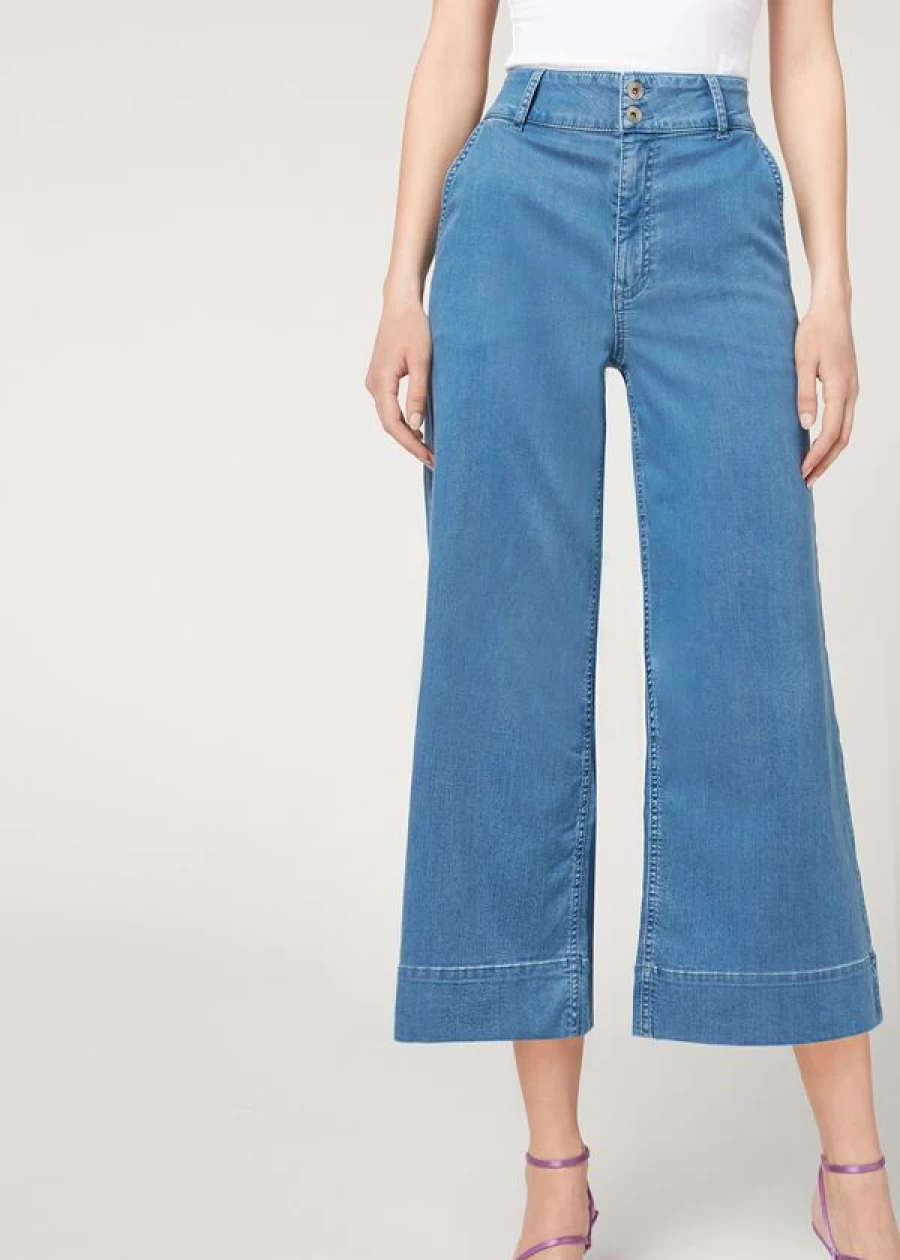 Calzedonia Light Denim Blue Culottes Women's High-Waisted Wide-Leg Trousers