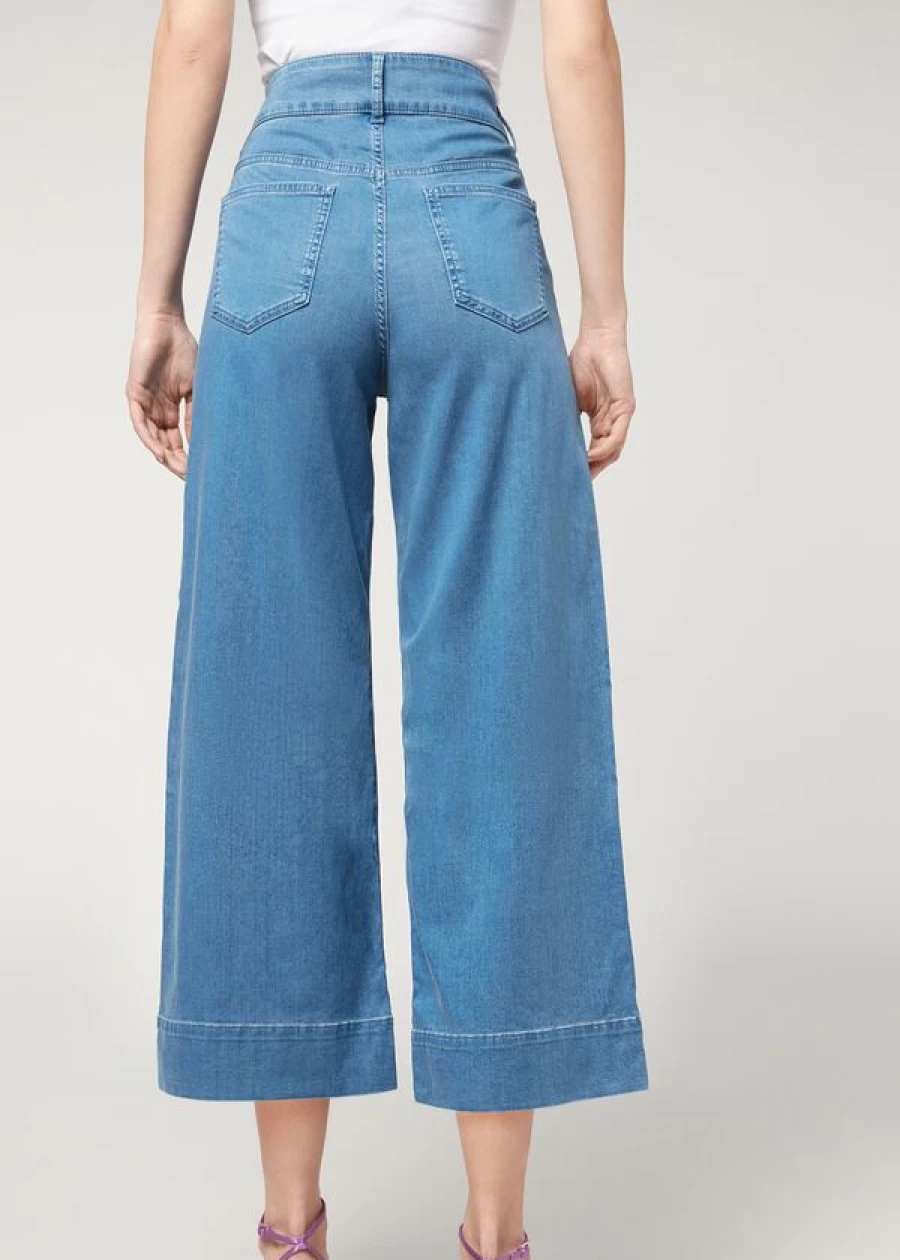 Calzedonia Light Denim Blue Culottes Women's High-Waisted Wide-Leg Trousers