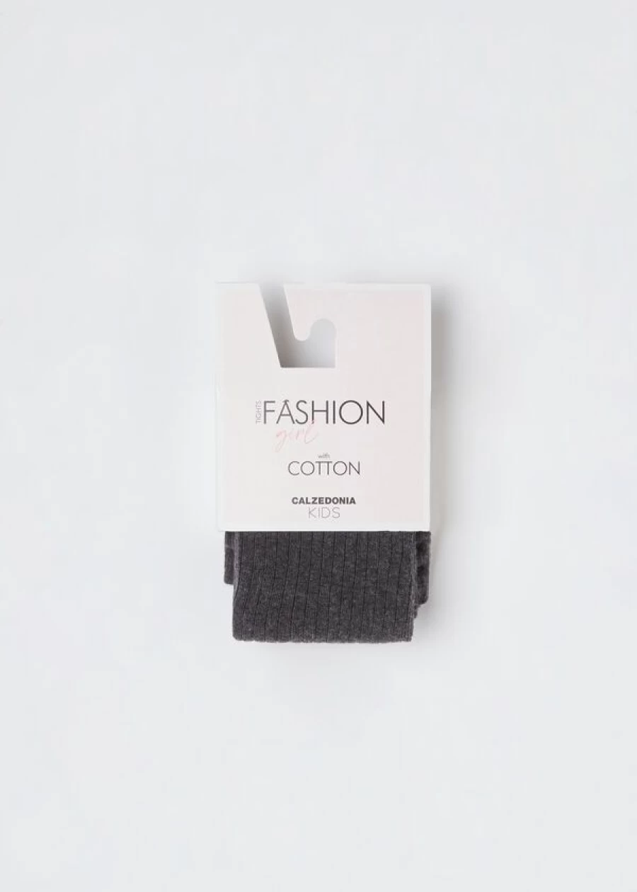 Calzedonia Girls Ribbed Cotton Tights - Grey Blend 2515, Narrow Fit