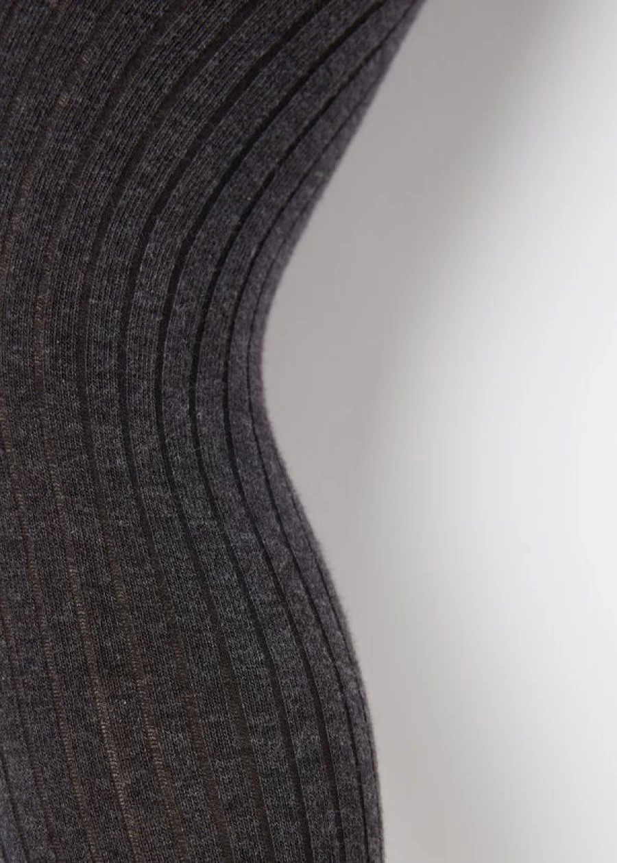 Calzedonia Girls Ribbed Cotton Tights - Grey Blend 2515, Narrow Fit