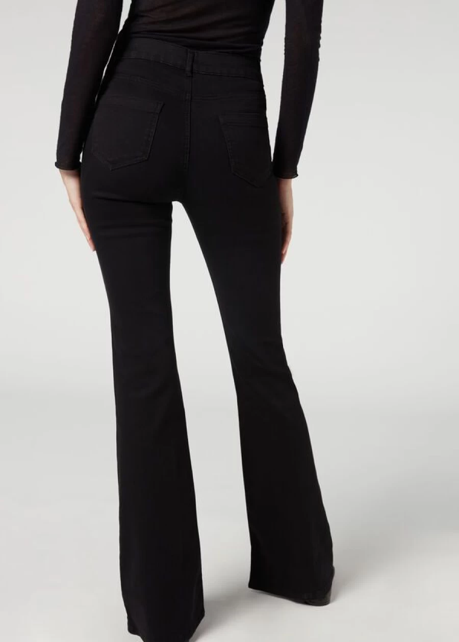 Calzedonia Women's Flared Jeans in 3293 - Black Denim, High-Waisted Bootcut Denim Pants