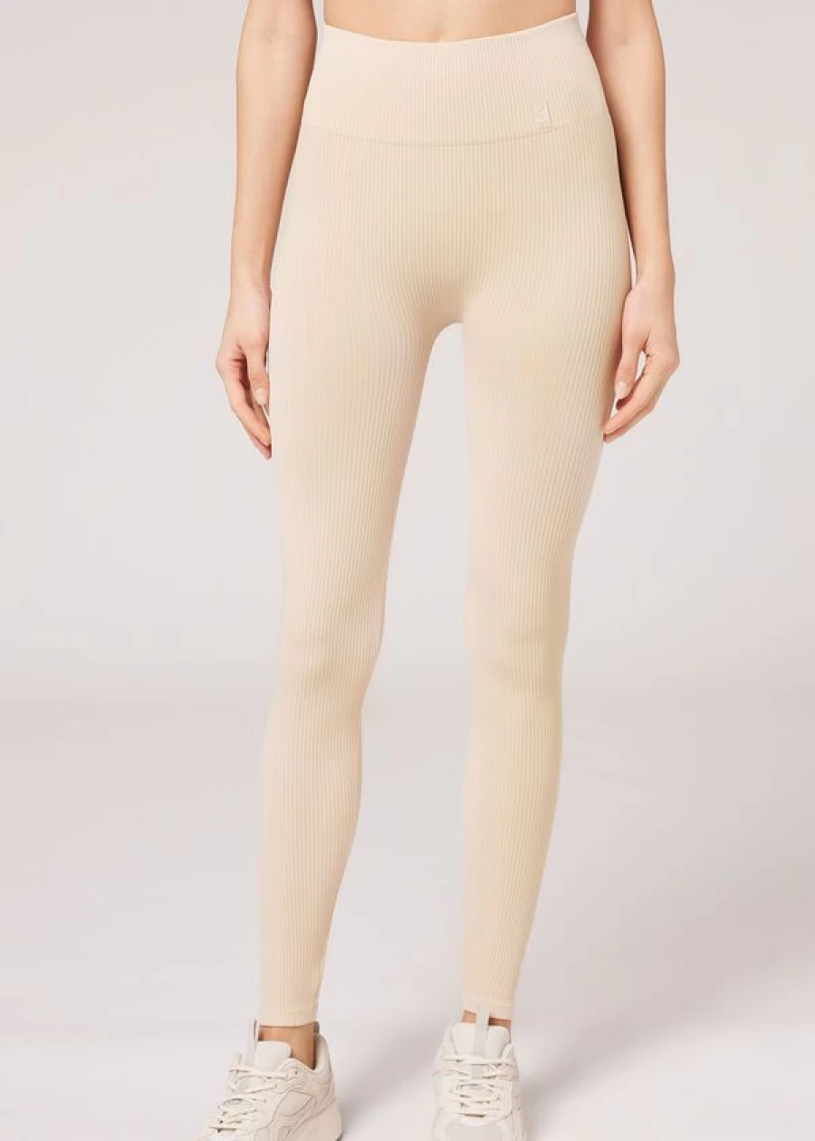 Calzedonia Seamless Fine Ribbed Sports Leggings for Women - 832C Natural Color High-Waisted Yoga Pants