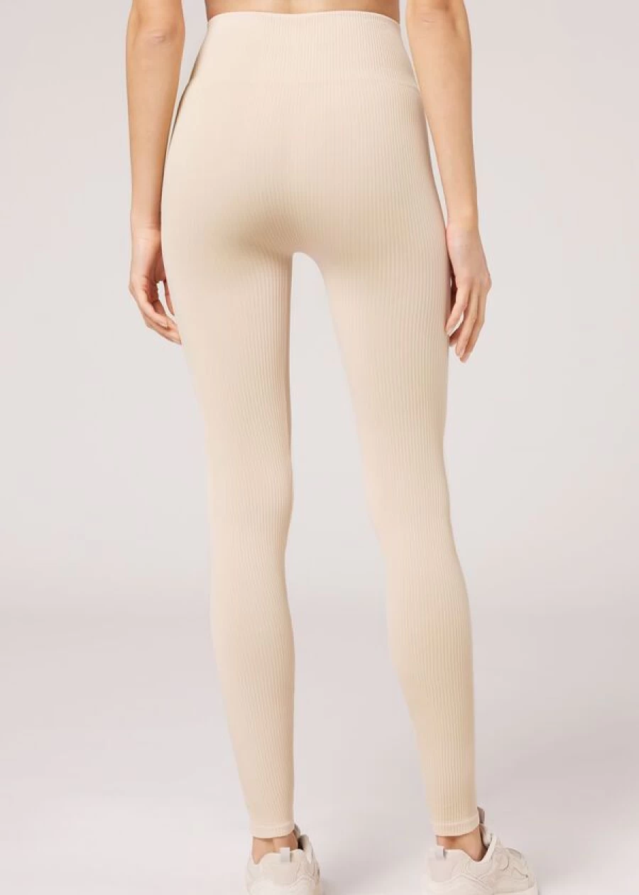 Calzedonia Seamless Fine Ribbed Sports Leggings for Women - 832C Natural Color High-Waisted Yoga Pants