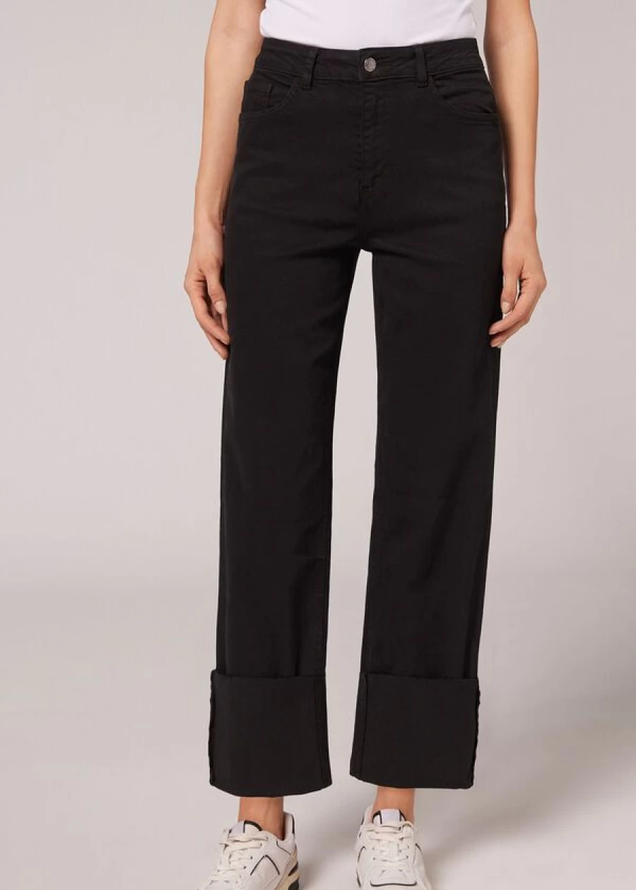 Calzedonia Black Denim Culotte Jeans with Detachable Turn-Ups