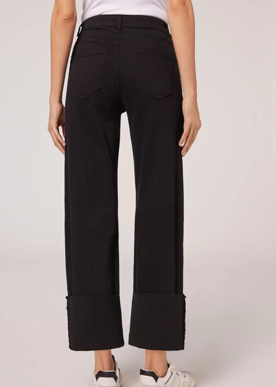 Calzedonia Black Denim Culotte Jeans with Detachable Turn-Ups