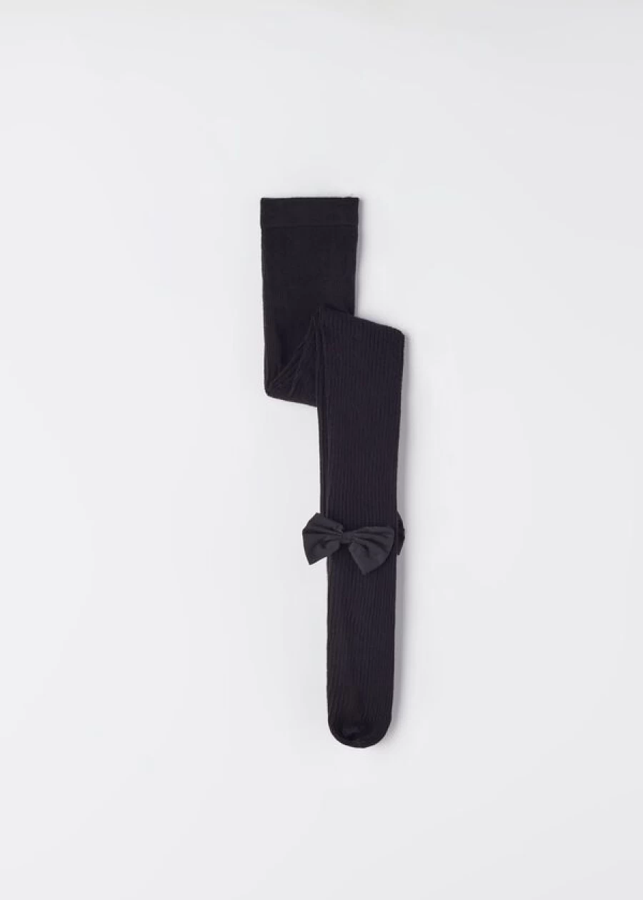 Calzedonia Girls' Ribbed Black Cotton Tights with Decorative Bow - Stylish & Comfortable