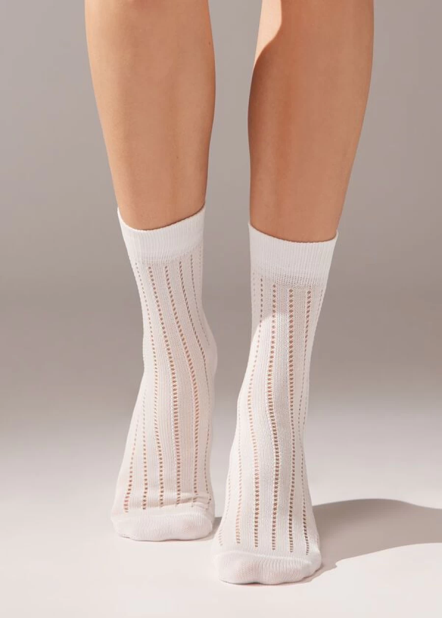 "Calzedonia White Ribbed Openwork Short Socks - 023D"