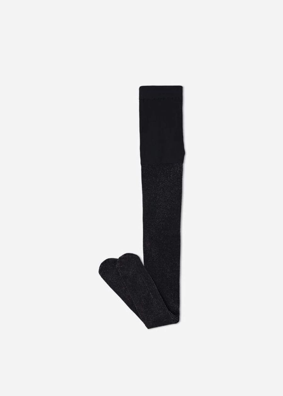 Calzedonia Girls' 70 Denier Opaque Tights in 4733 - Black Glitter for Sparkling Style