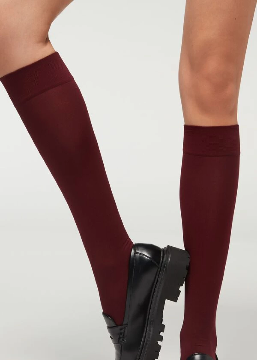 Calzedonia 60 Denier Microfibre Knee-High Socks in Wine Red Purple - Soft & Durable Hosiery