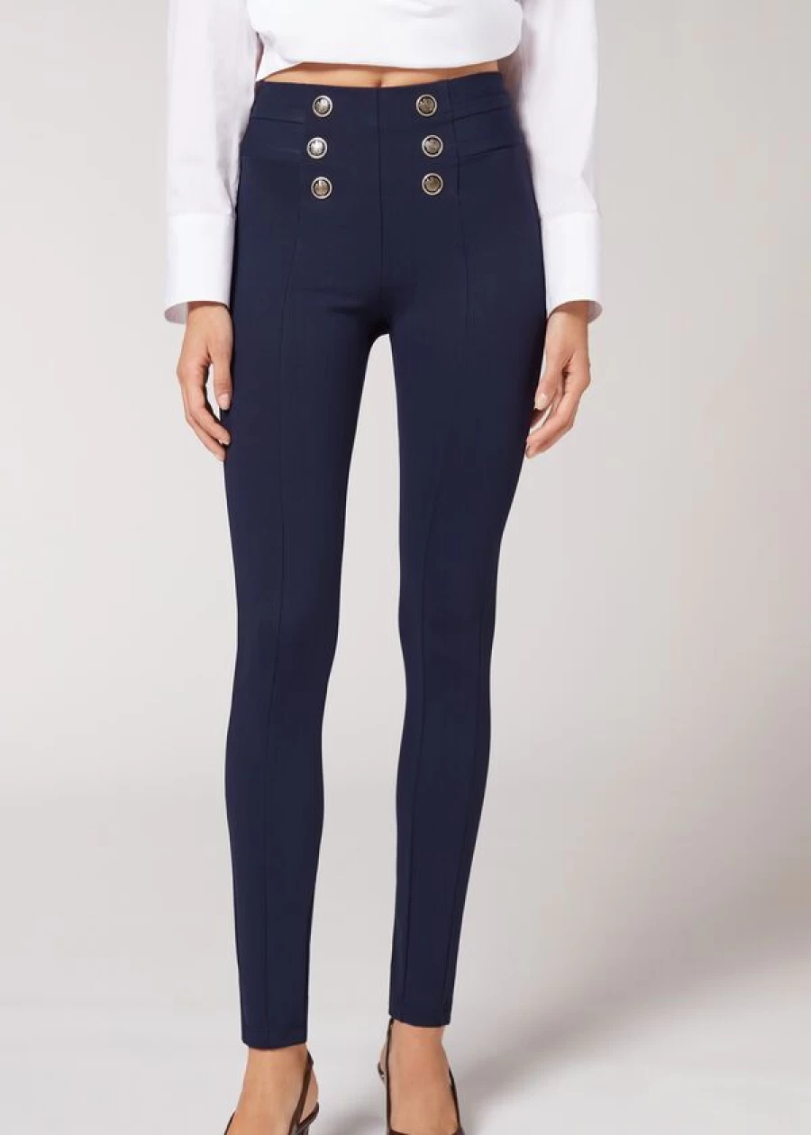 Calzedonia Skinny Shaping Leggings with Buttons - 774C Blue High-Waisted Tummy Control Yoga Pants