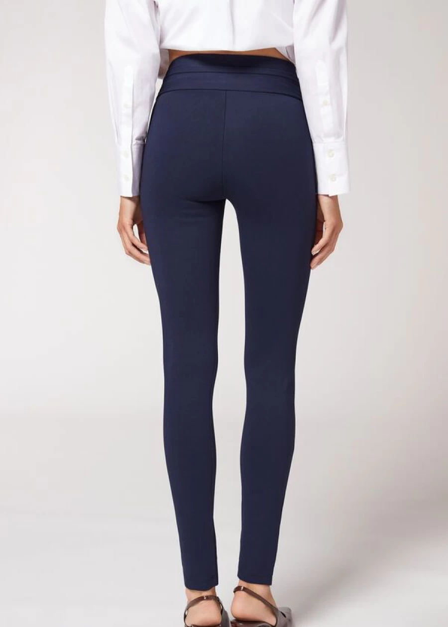 Calzedonia Skinny Shaping Leggings with Buttons - 774C Blue High-Waisted Tummy Control Yoga Pants