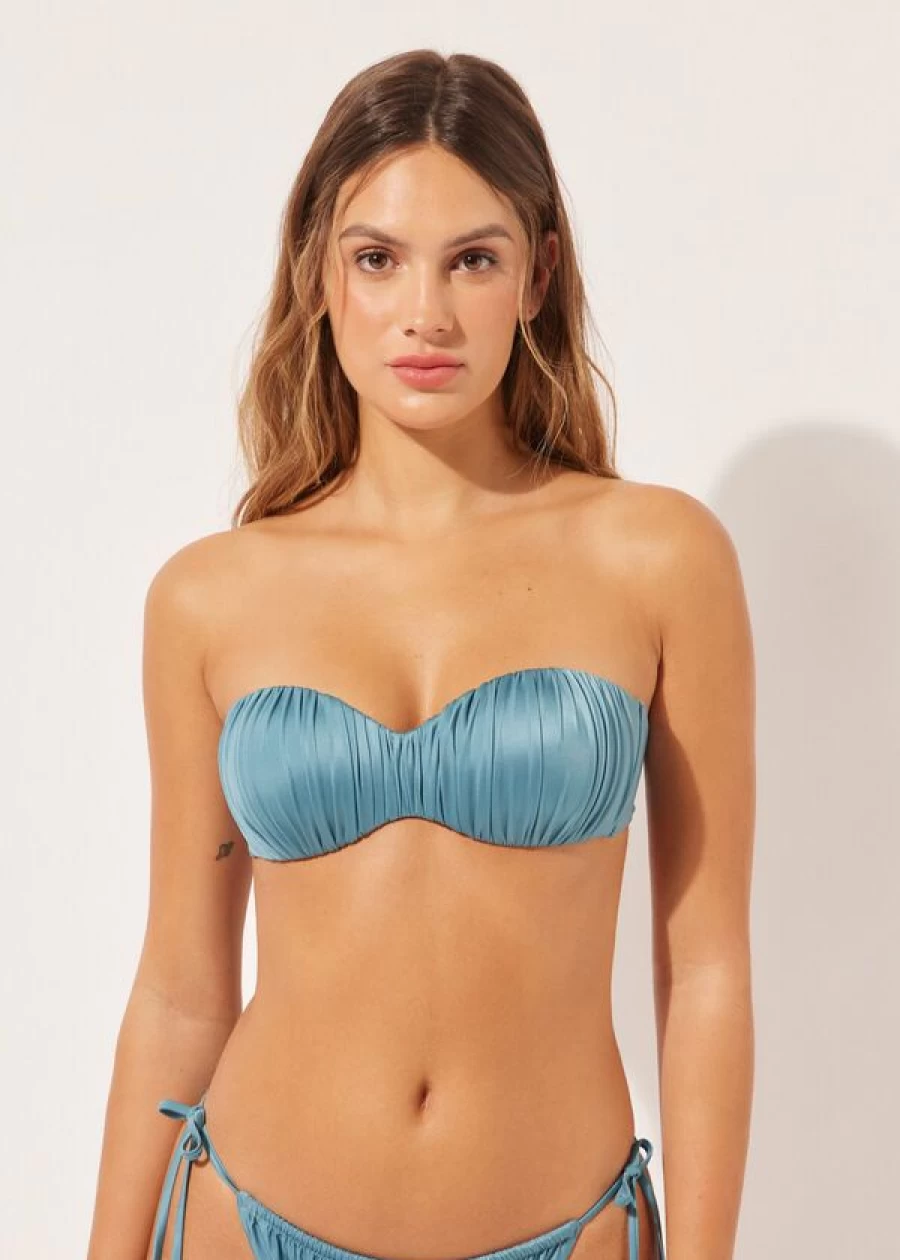 Calzedonia Shiny Satin Wave Blue Padded Bandeau Bikini Top - 871C