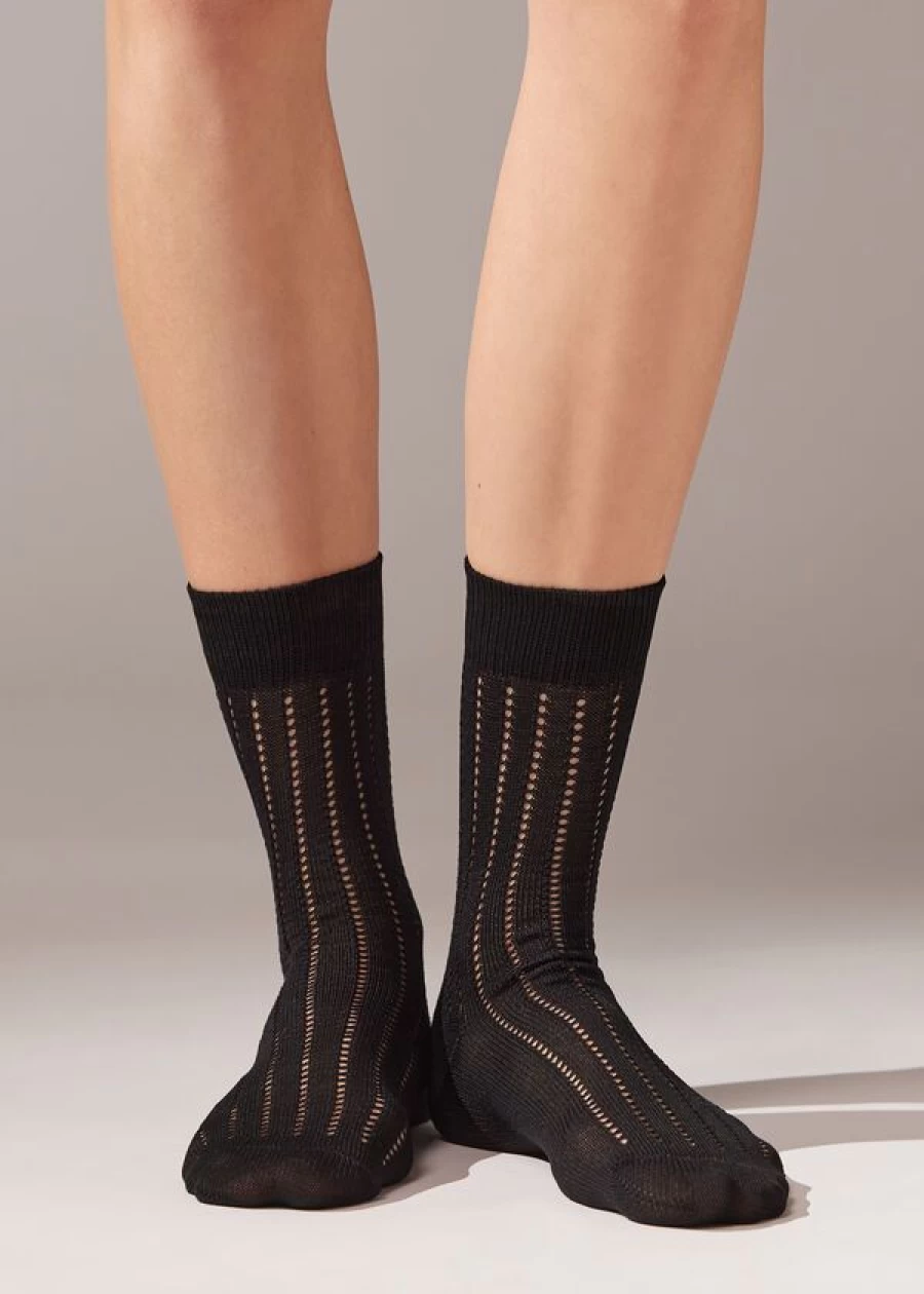 Calzedonia Ribbed Openwork Short Socks in 028D - Black Rib for Women