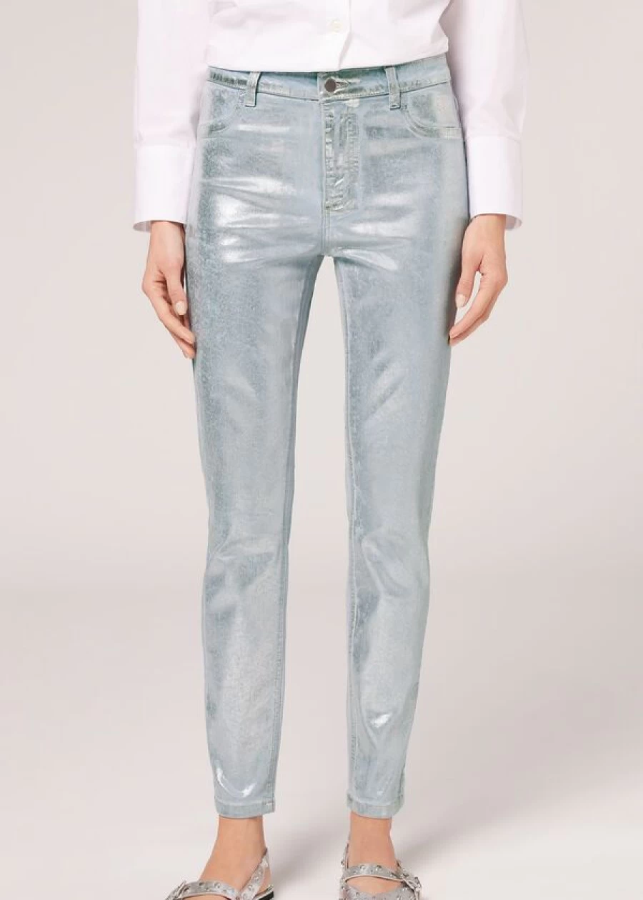 Calzedonia Laminated Stretch Jeans in Blu Jeans Argento - High-Shine Denim