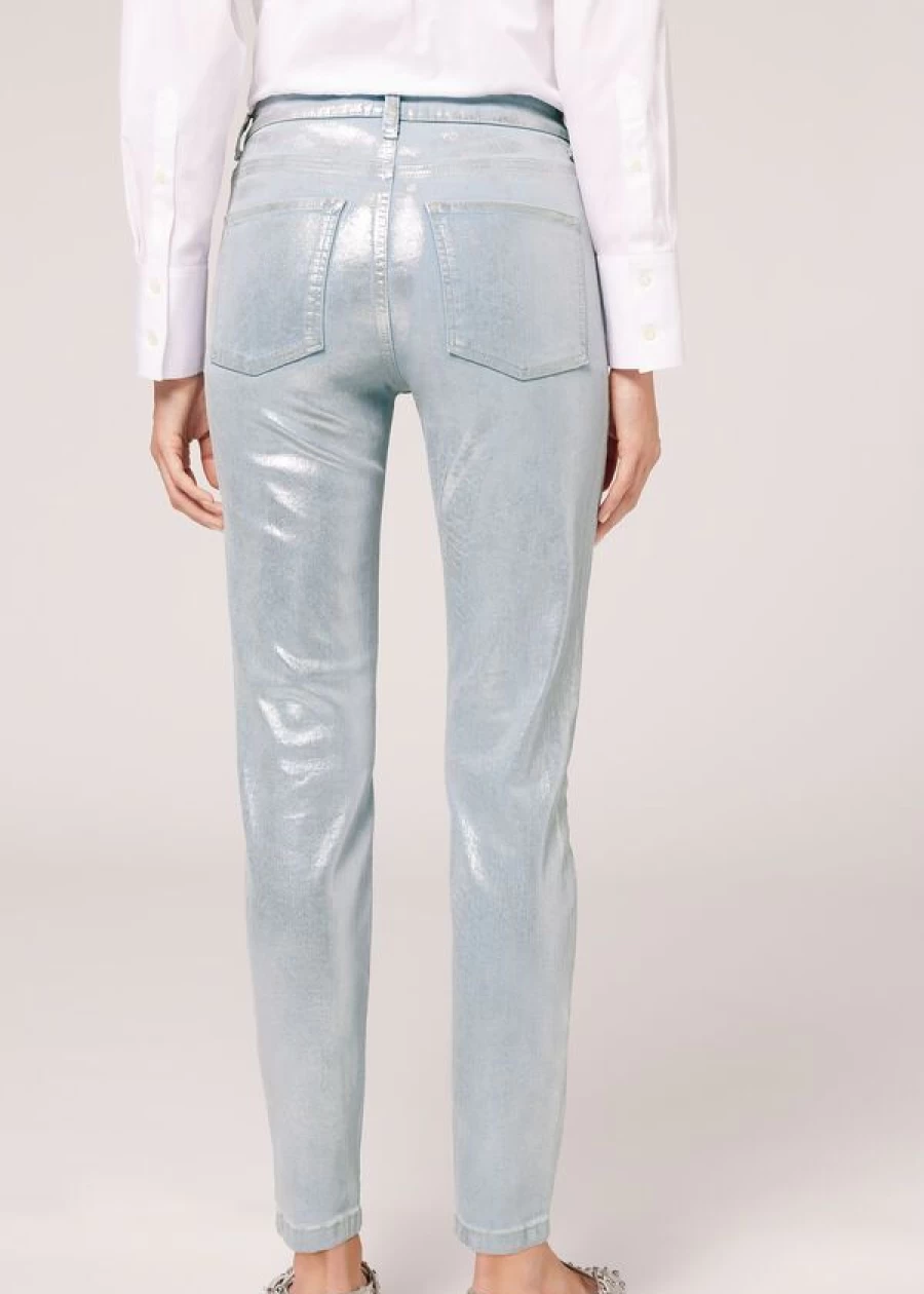 Calzedonia Laminated Stretch Jeans in Blu Jeans Argento - High-Shine Denim