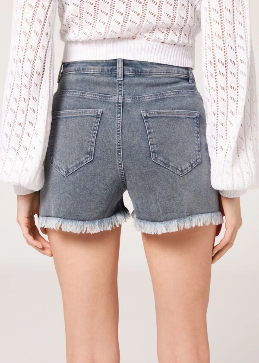 Calzedonia Grey Denim Shorts with Diamante Applique Details for Women