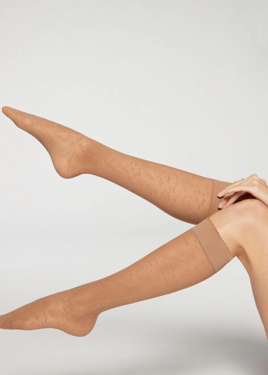 Calzedonia Floral Knee-High Socks in Nude Flowers Pattern - Mesh Design