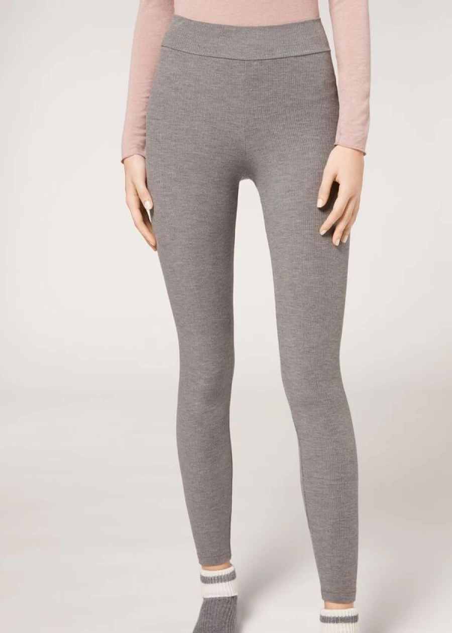 Calzedonia Ribbed Cashmere Leggings for Women - Soft Grey 135C Comfortable High-Waisted Tummy Control
