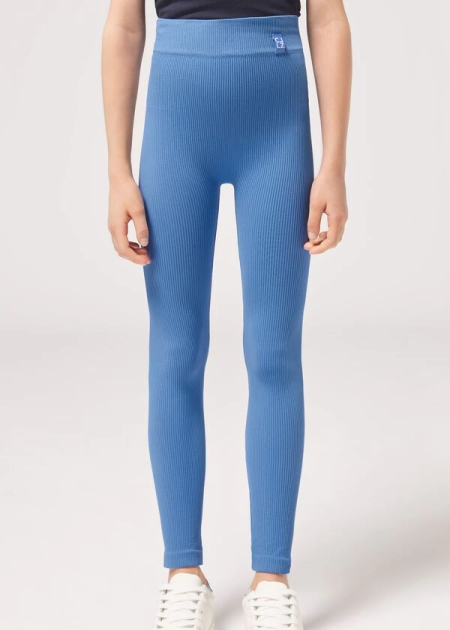 Calzedonia Girls' Ribbed Leggings in 5218 Light Blue | Comfortable Stretchy Kids Leggings