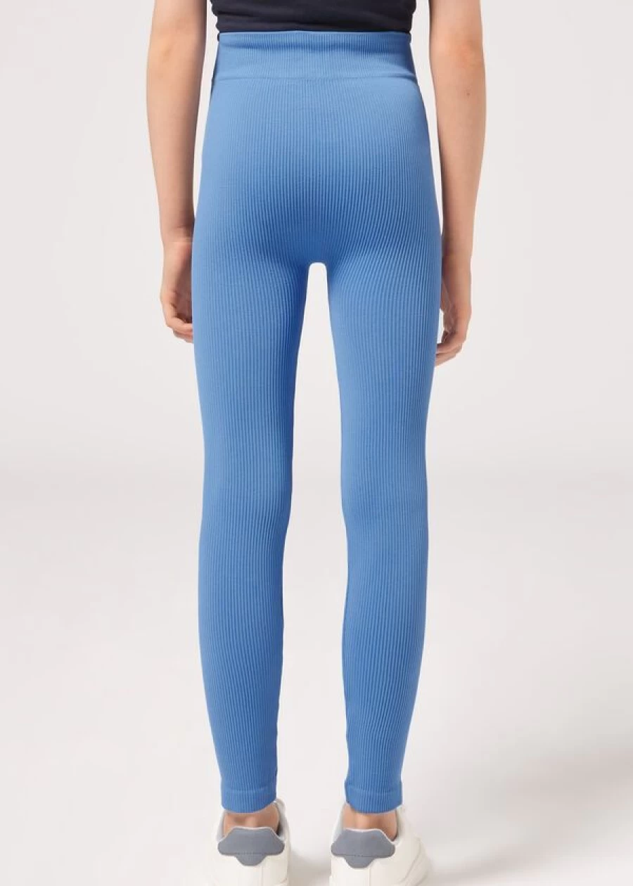 Calzedonia Girls' Ribbed Leggings in 5218 Light Blue | Comfortable Stretchy Kids Leggings
