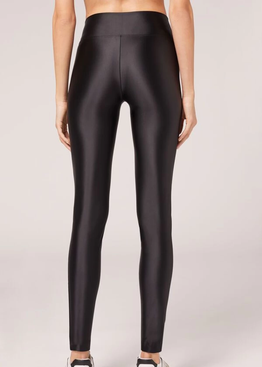 Calzedonia Super Shine Satin Leggings in 019 - Black | High Gloss Stretch Pants for Women