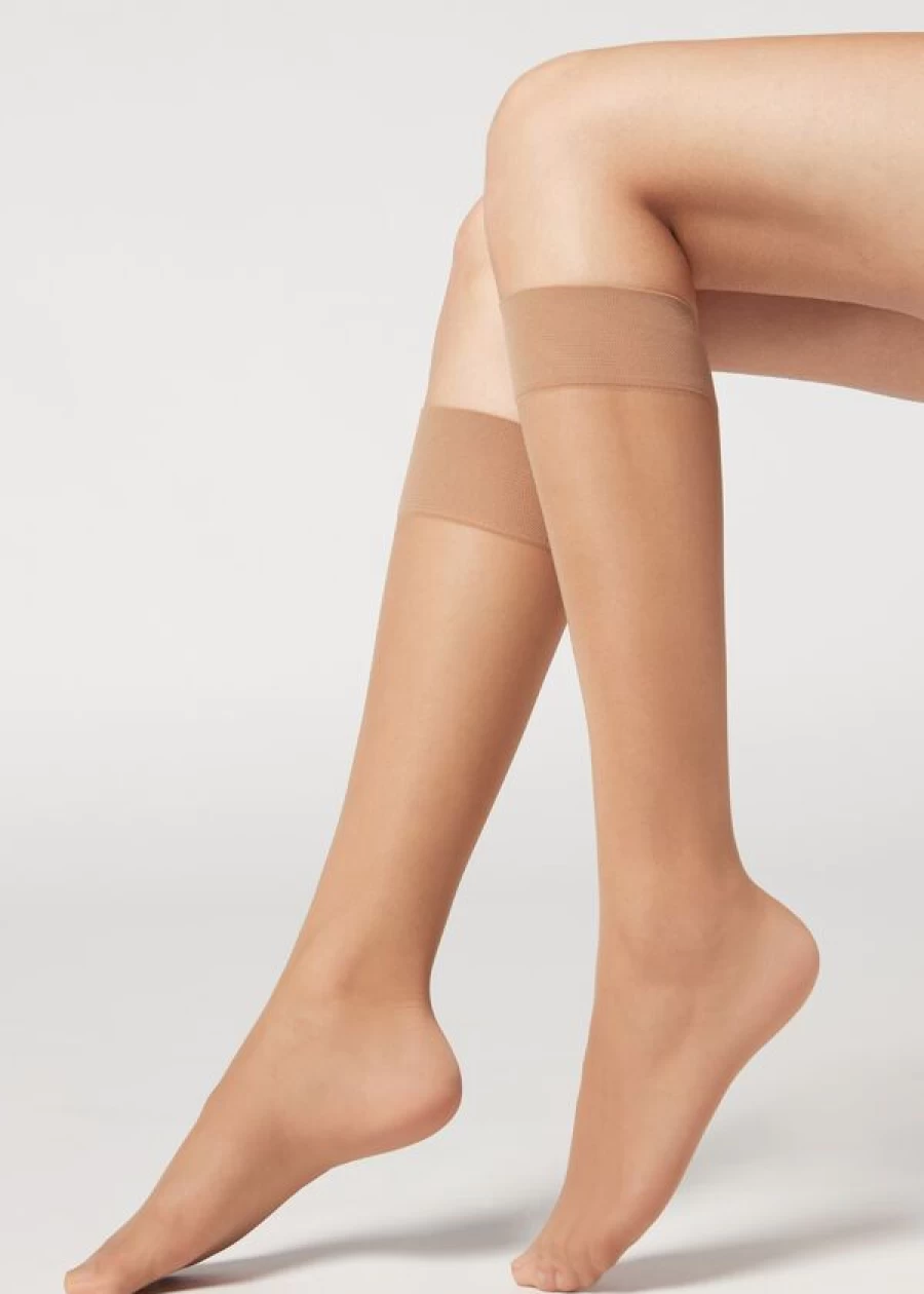 Calzedonia 20 Denier Knee-High Socks in 009 Nude 6 - Elixir/Caramel, Comfort Cuff