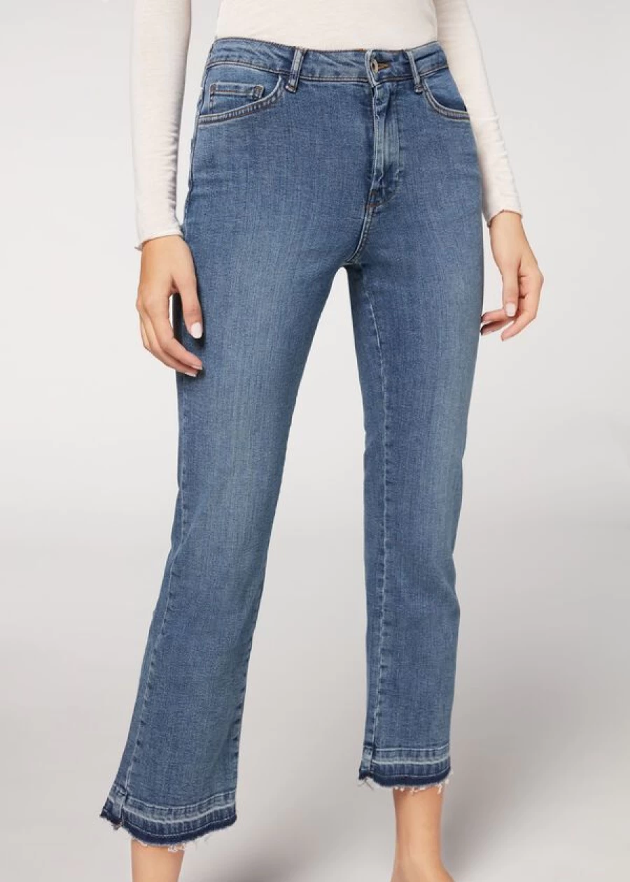 Calzedonia Light Denim Blue Cropped Flare Jeans - High Waisted 70s Vintage Style Women's Denim Pants
