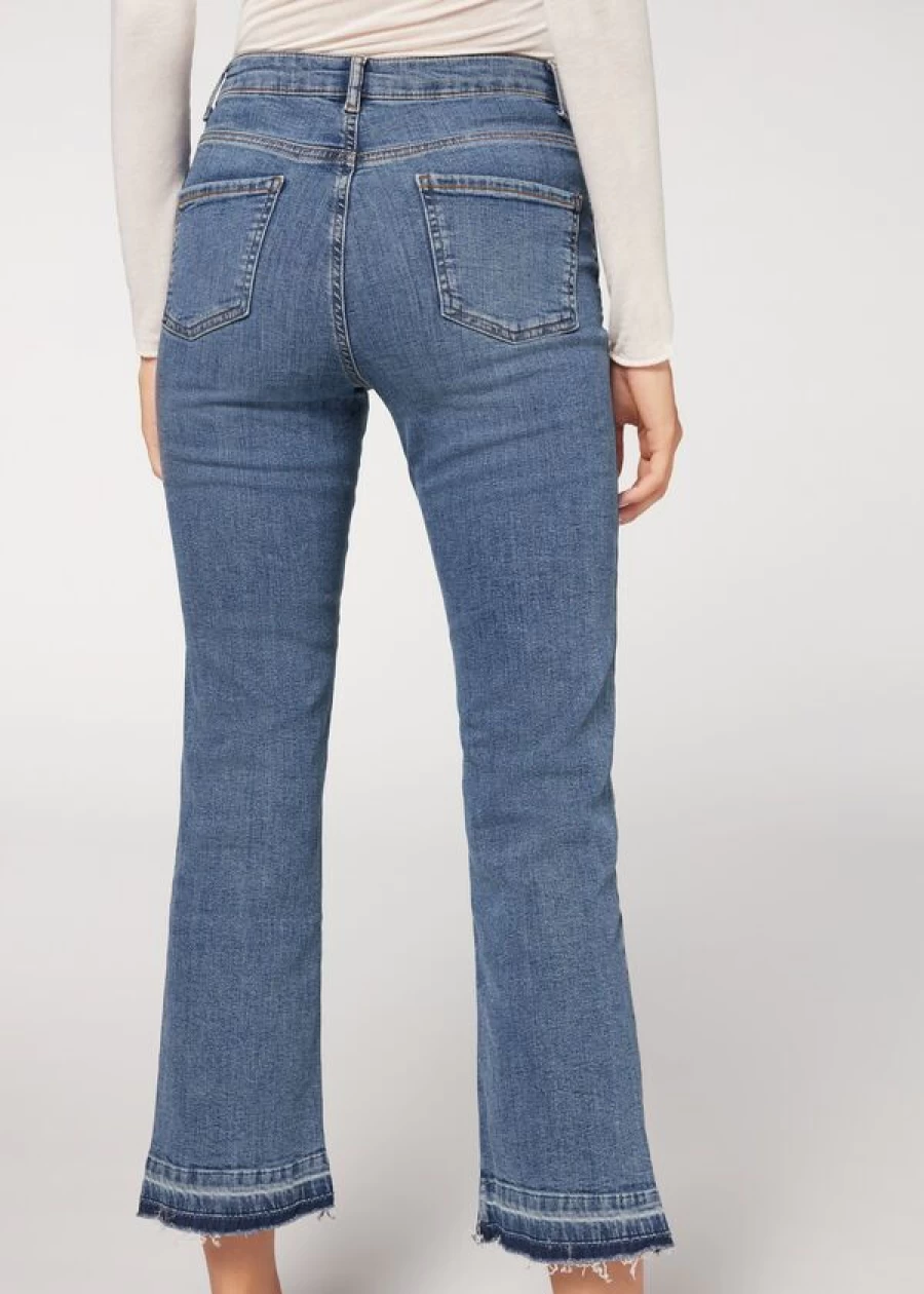 Calzedonia Light Denim Blue Cropped Flare Jeans - High Waisted 70s Vintage Style Women's Denim Pants