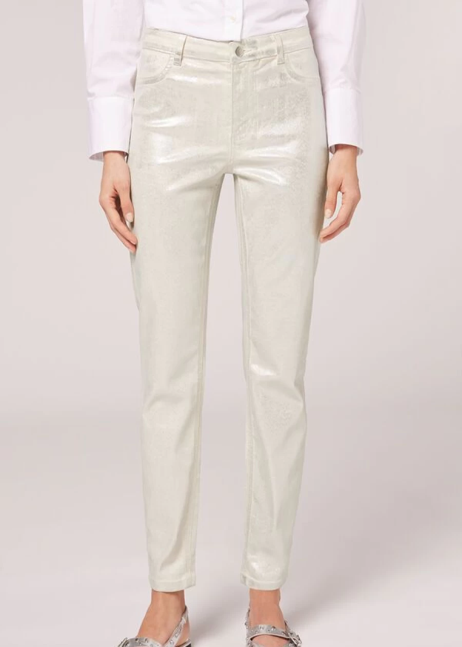 Calzedonia Laminated Stretch Jeans in 834C - Bianco Argento | High-Shine Denim