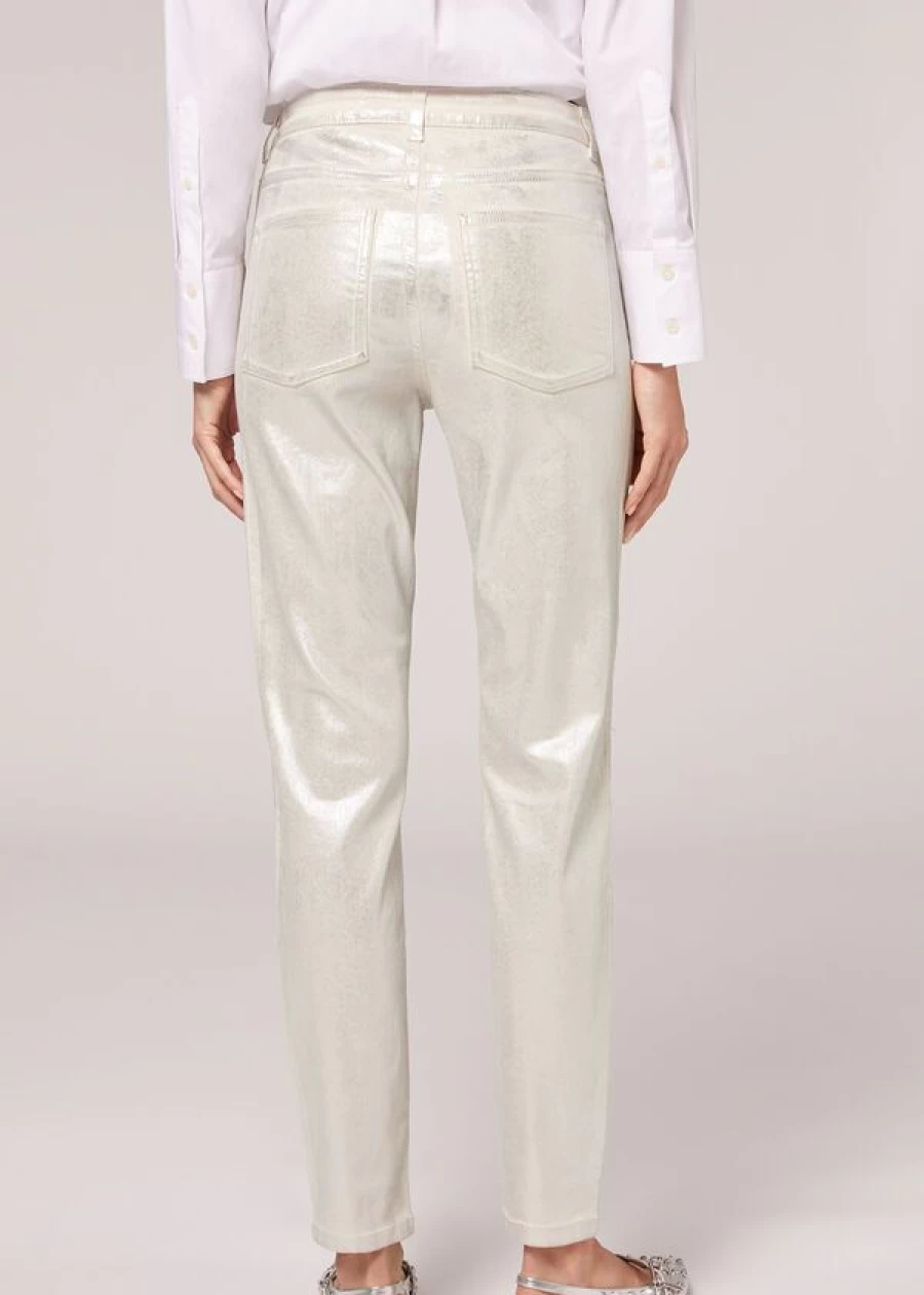 Calzedonia Laminated Stretch Jeans in 834C - Bianco Argento | High-Shine Denim
