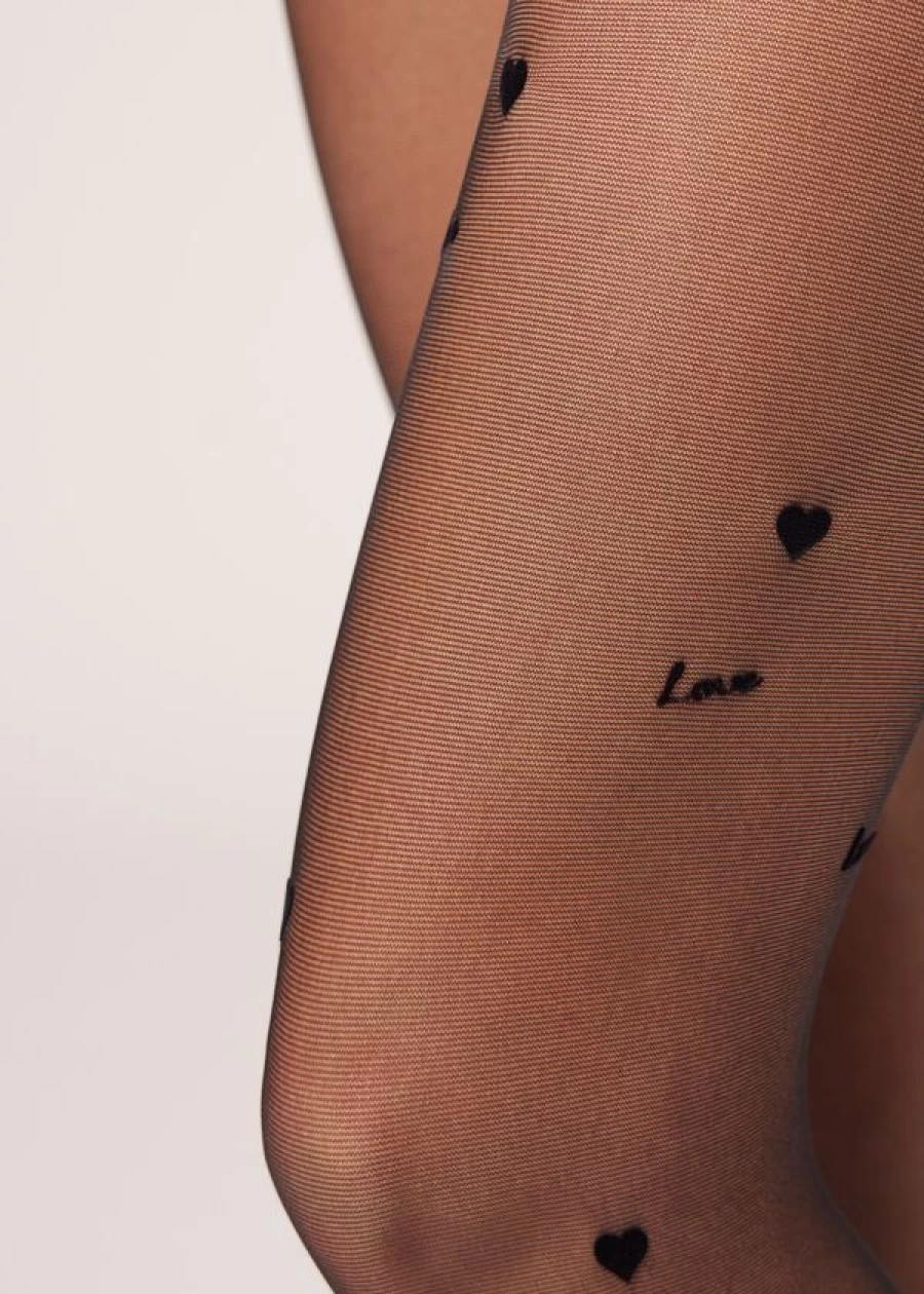 Calzedonia Flock Love Wording 30 Denier Sheer Tights in 5231 - Black