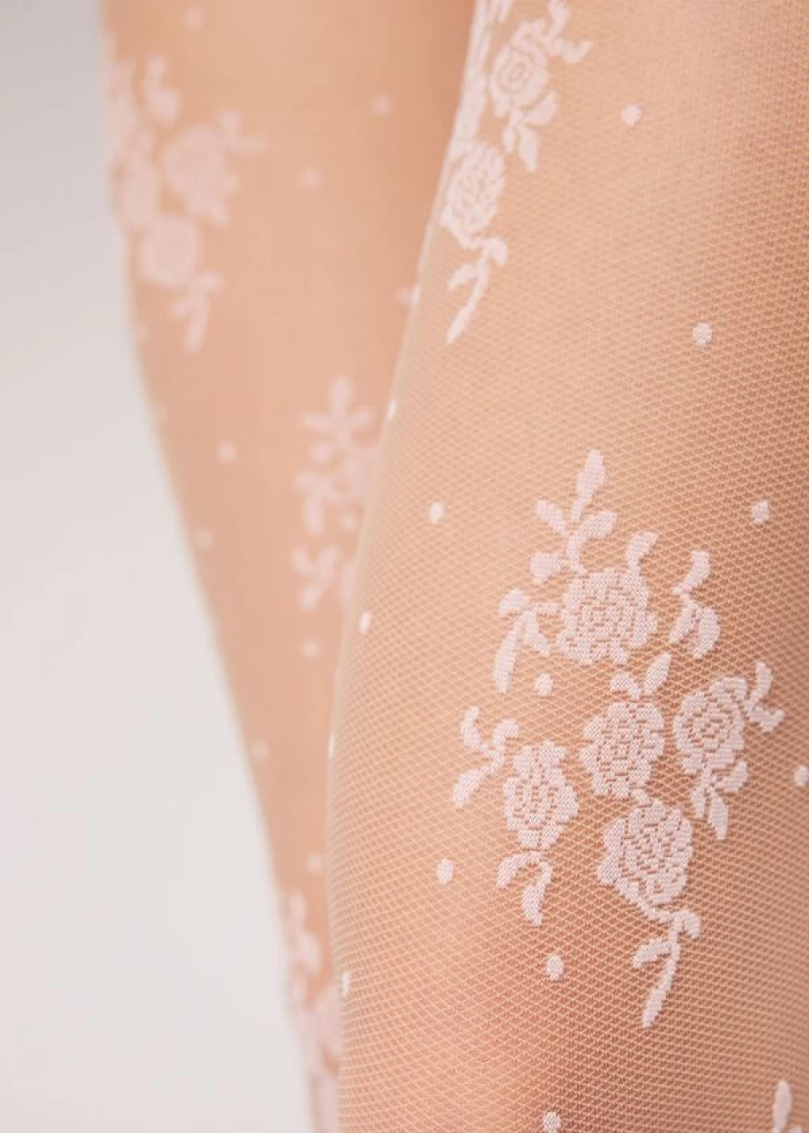 Calzedonia Floral and Polka Dot Tulle Tights 40 Denier - 5358 Nude Rosa Patterned Sheer Pantyhose
