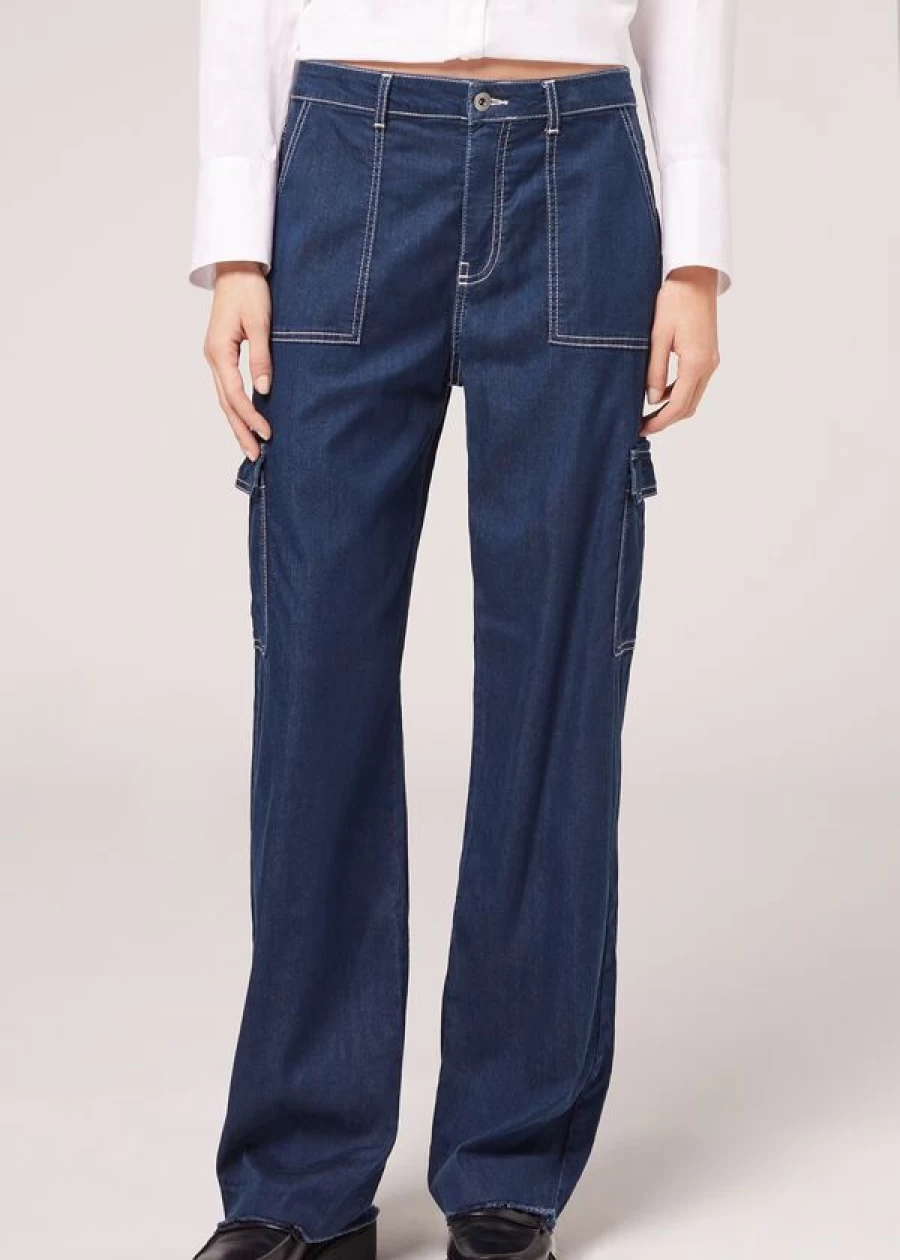 Calzedonia Cargo Jeans for Women - 3182 Dark Denim Blue Stretch Utility Pants