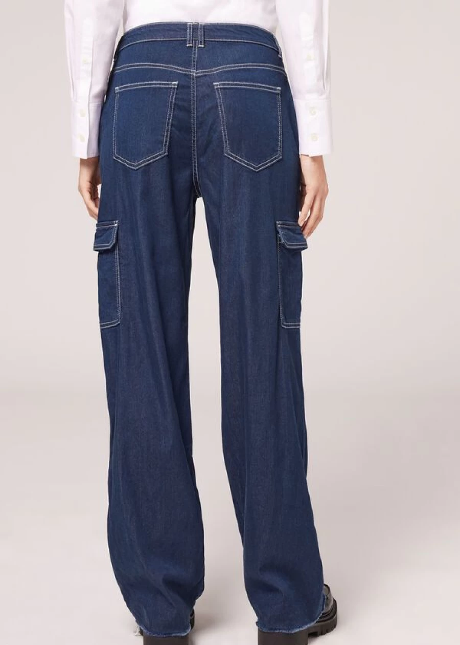 Calzedonia Cargo Jeans for Women - 3182 Dark Denim Blue Stretch Utility Pants