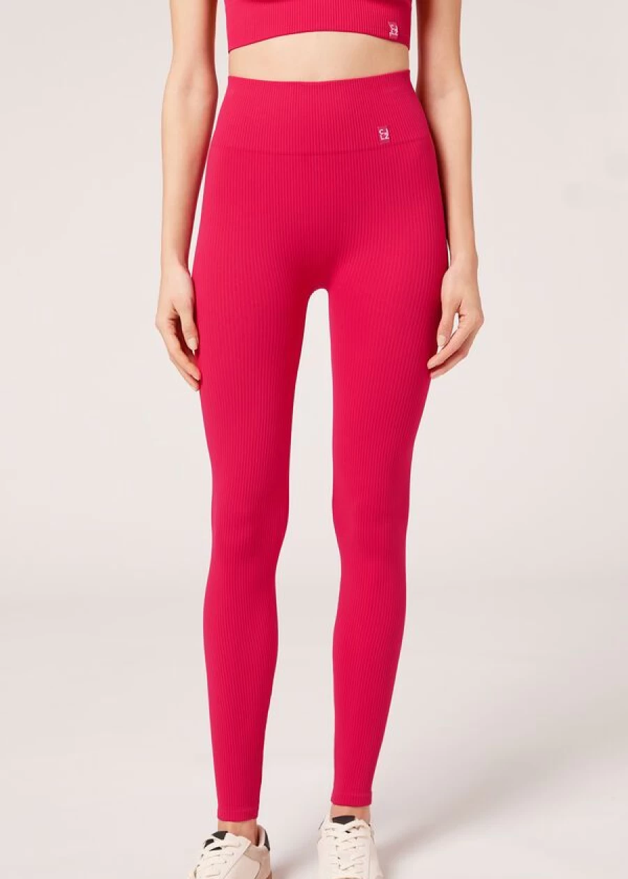 Calzedonia Seamless Fine Ribbed Sports Leggings in Rosso Fragola - High-Waisted Yoga Pants for Women
