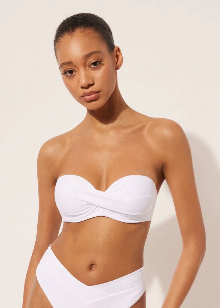 Calzedonia Lightly Padded Bandeau Bikini Top in Indonesia White - Women's Swimwear