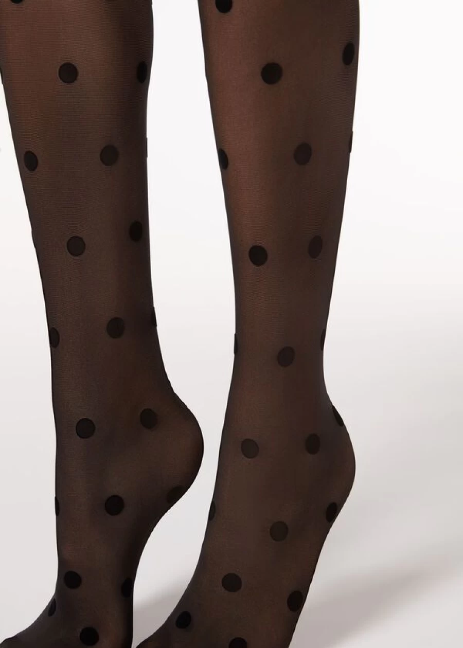 Calzedonia 019 Black Flock Polka Dot 30 Denier Sheer Tights for Women