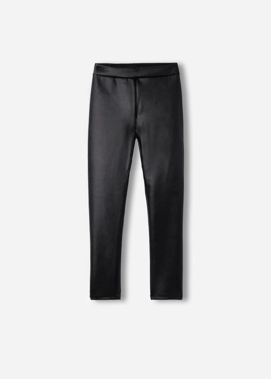 Calzedonia Girls' Black Leather Effect Thermal Leggings for Winter Warmth