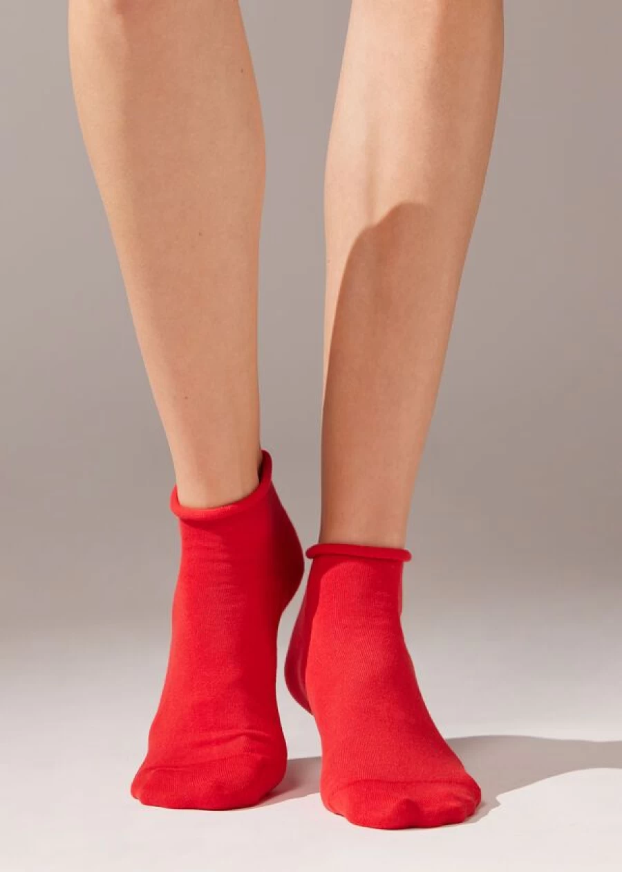 Calzedonia Cotton Shiny Red Short Socks No Show Bandless 907
