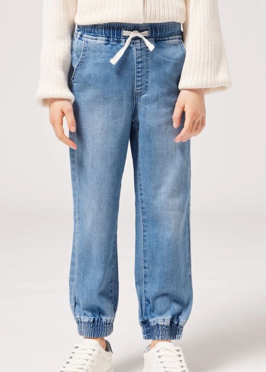 Calzedonia Girls' Light Denim Blue Stretch Denim Joggers for Comfort and Style