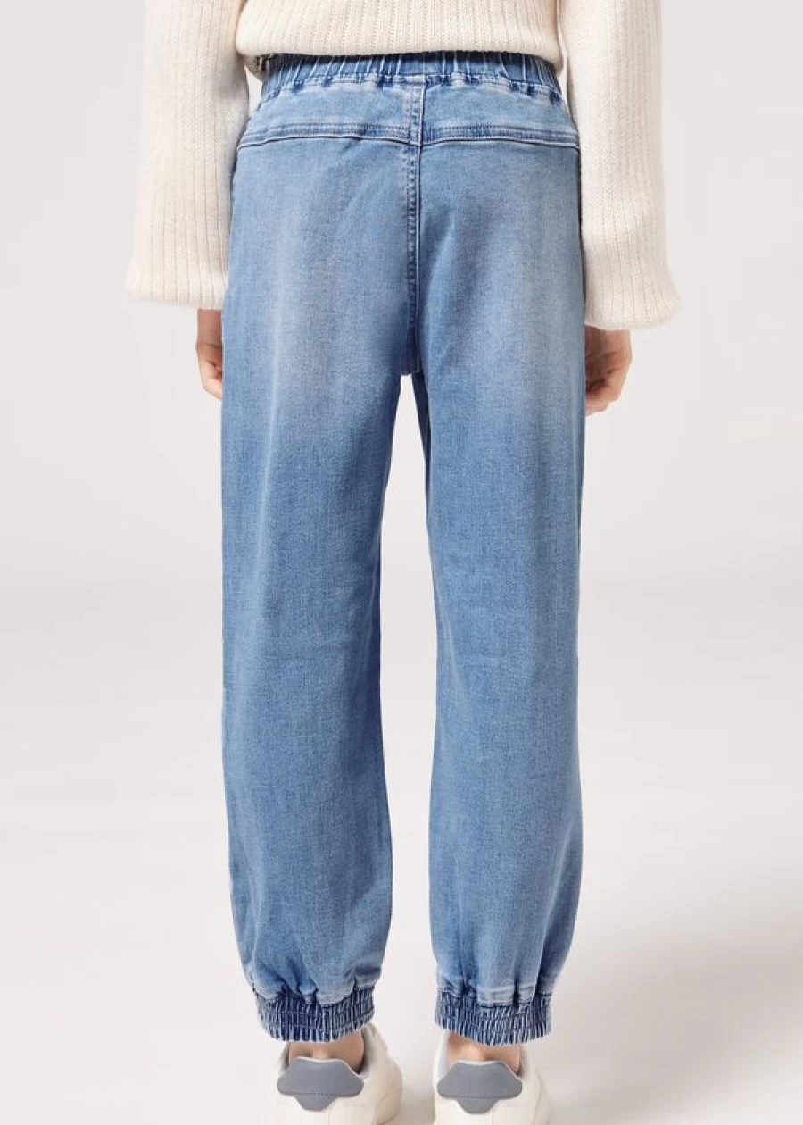 Calzedonia Girls' Light Denim Blue Stretch Denim Joggers for Comfort and Style