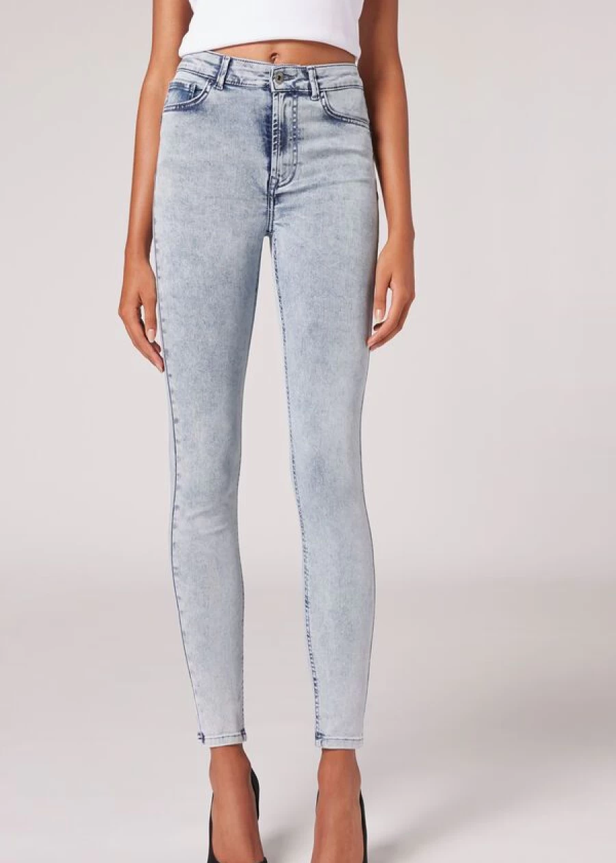 Calzedonia High-Waist Skinny Jeans in Washed-Out Acid Blue - Soft Touch Push-Up Denim