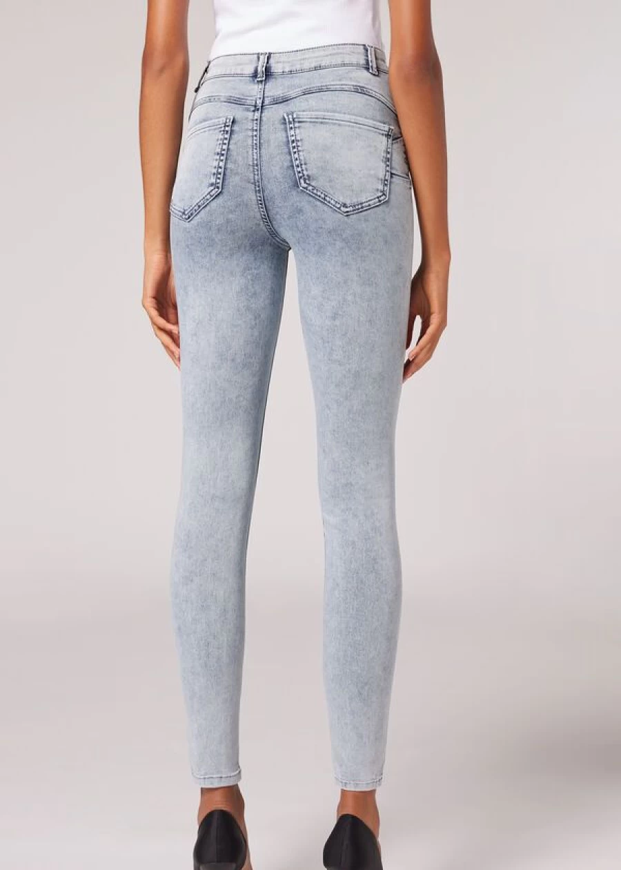 Calzedonia High-Waist Skinny Jeans in Washed-Out Acid Blue - Soft Touch Push-Up Denim