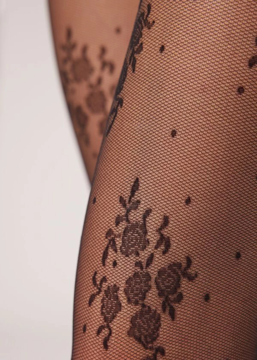 Calzedonia Floral and Polka Dot Tulle Tights 40 Denier - Black/Black Patterned Sheer Pantyhose