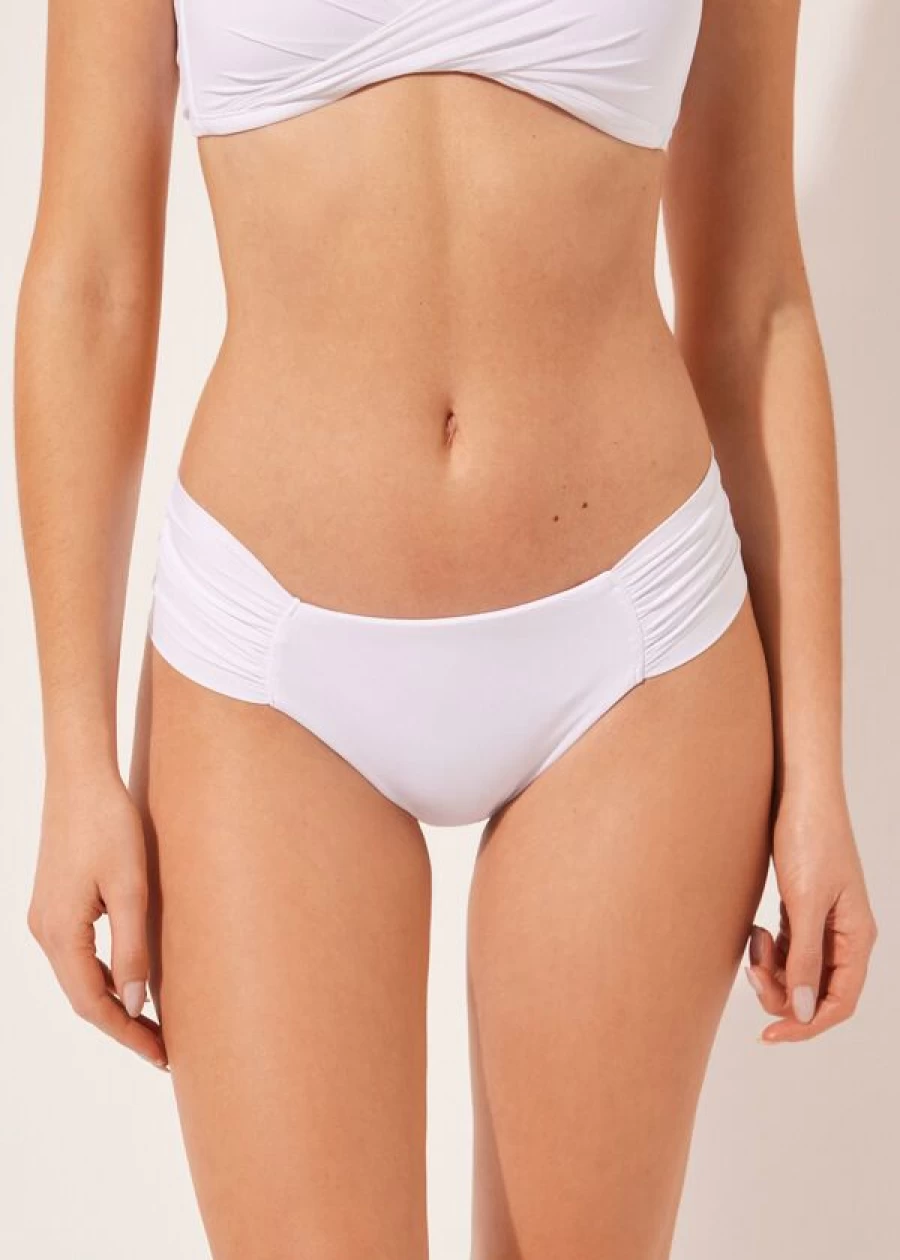 Calzedonia Indonesia White Ruched Bikini Bottoms - High Waist Swimwear for Women