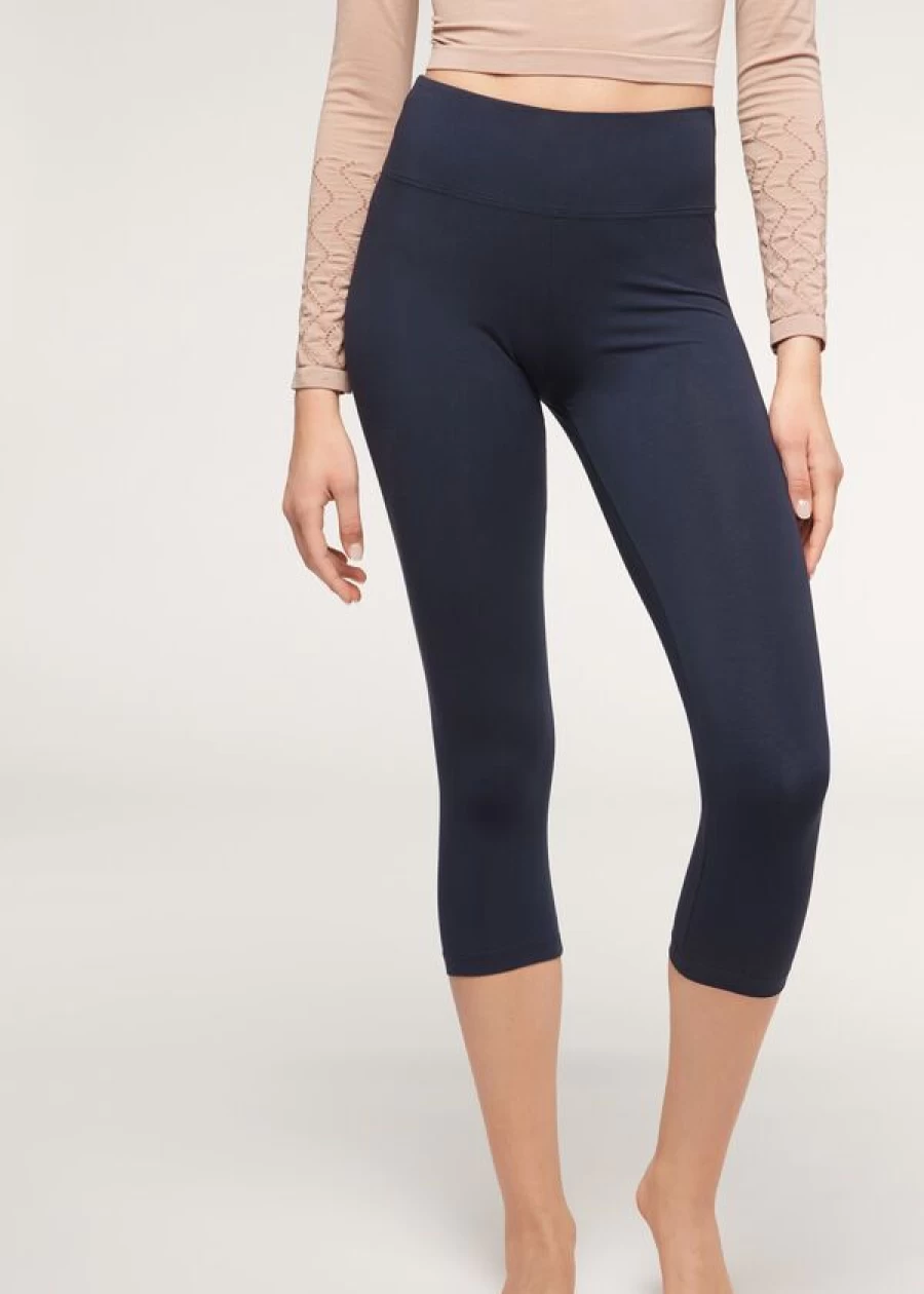 Calzedonia Supima Cotton Capri Leggings for Women - Intense Blue 700, High-Quality Stretch Comfort