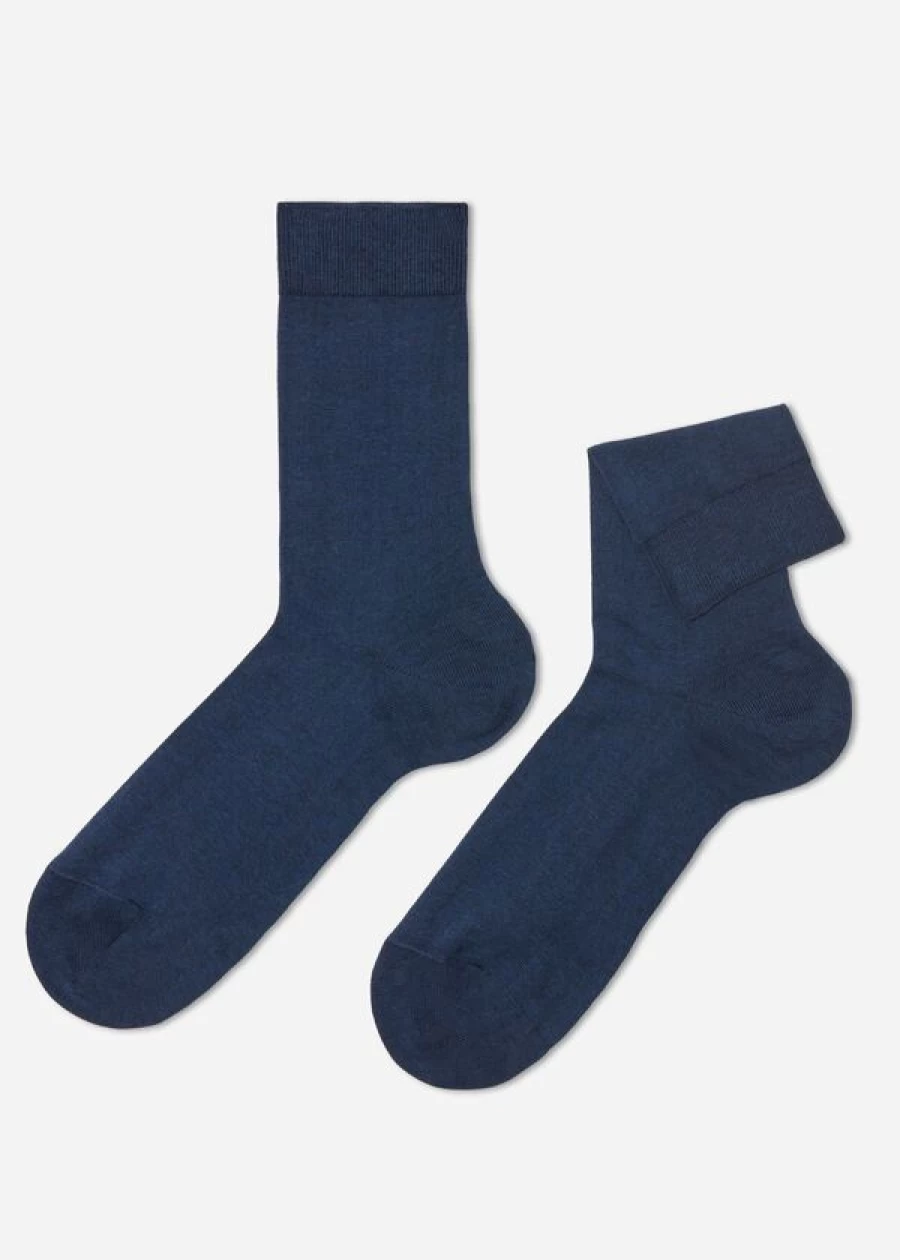 Calzedonia Men's Crew Stretch Cotton Socks in Dark Denim Blue - Comfortable & Durable