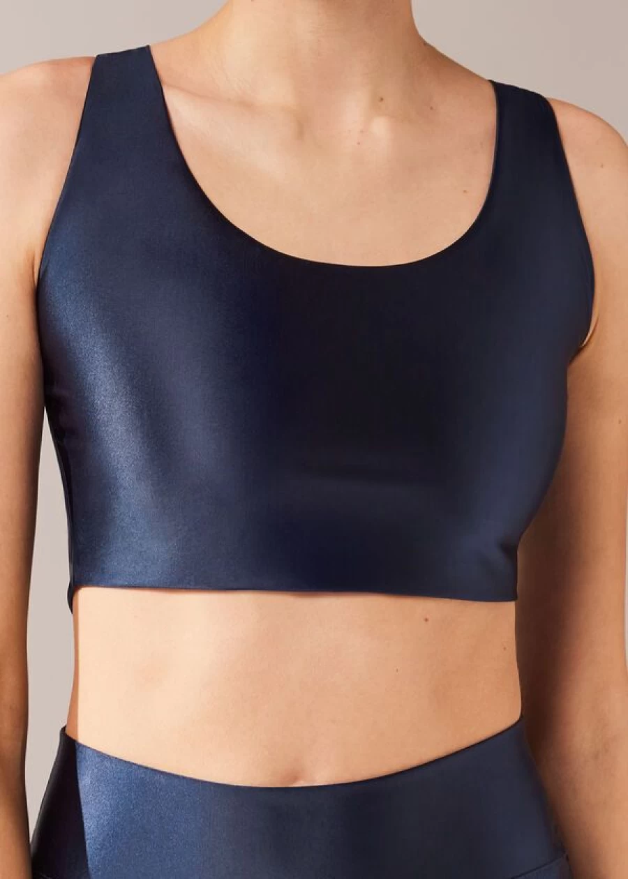 Calzedonia Super Shine Satin Top - 848C Blu Satin Elegant Blouse for Women