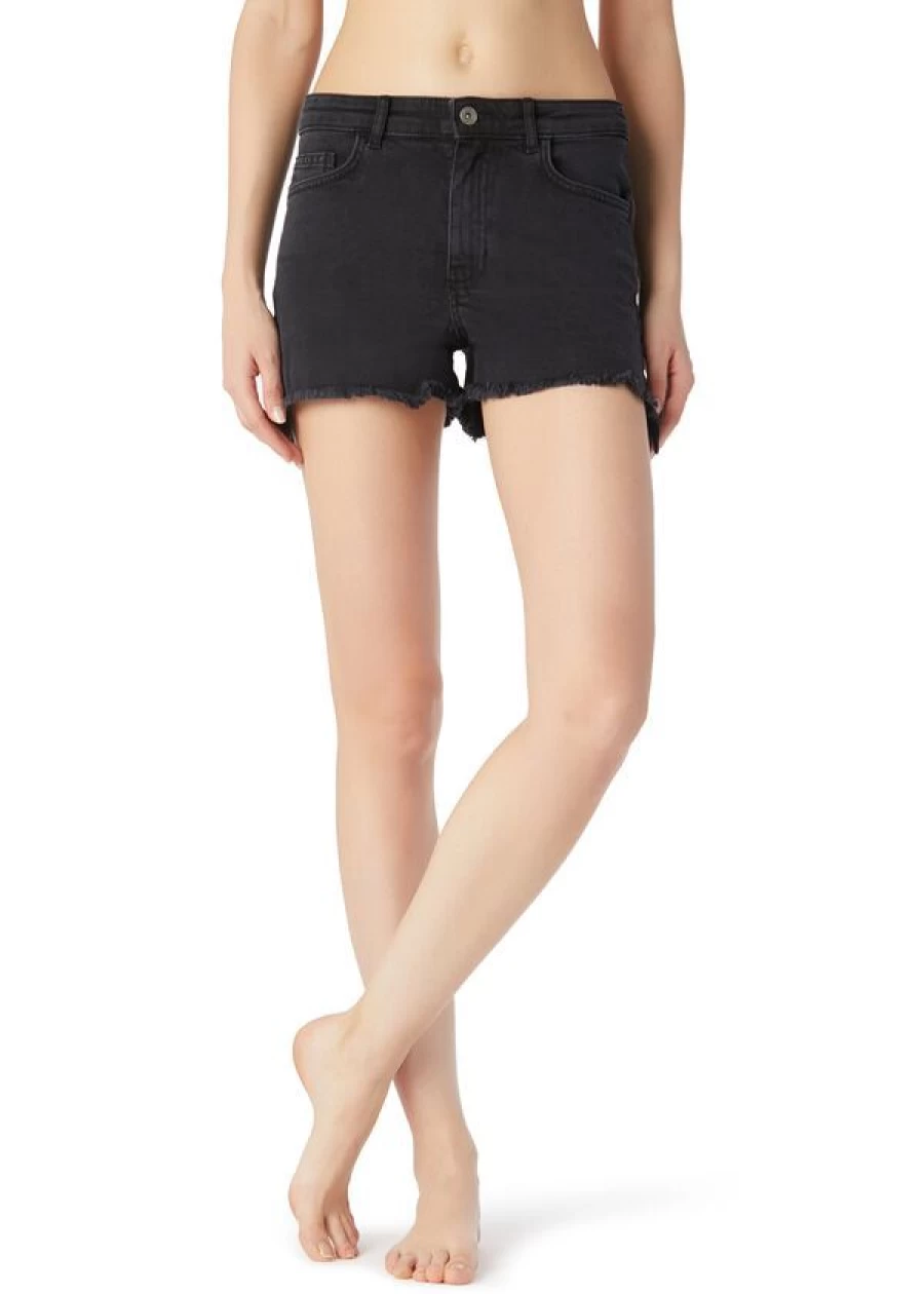 Calzedonia Fringed Denim Shorts in Black Denim - Stylish Distressed Cut-Off Jeans